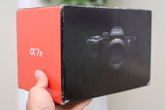 Zapopan Jalisco, Mexico - July 6, 2026: Box for Sony a7 IV mirrorless camera body, sony camera concept