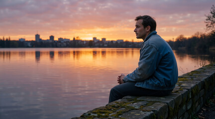 Fototapeta premium Thoughtful man sitting alone on a stone wall by a lake at sunset. Male looking at the city skyline across the water during dusk. Solitude and mental health concept