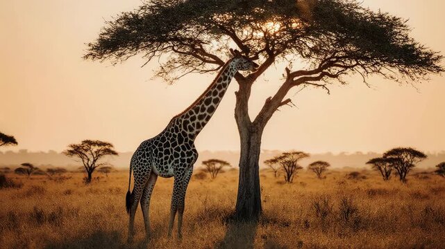 Giraffe reaching up to eat leaves from an acacia tree at golden hour. Giraffe in the savannah