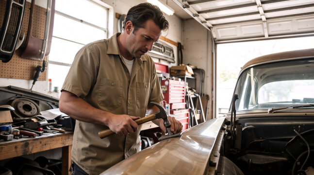 Mechanic using a hammer to repair a classic car fender in a garage. Man working on vintage automobile restoration. Auto body repair and manual craftsmanship concept