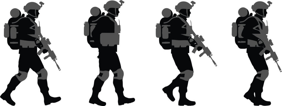 Black silhouette military soldiers tactical combat team walking with rifles in patrol formation isolated white background vector illustration concept design