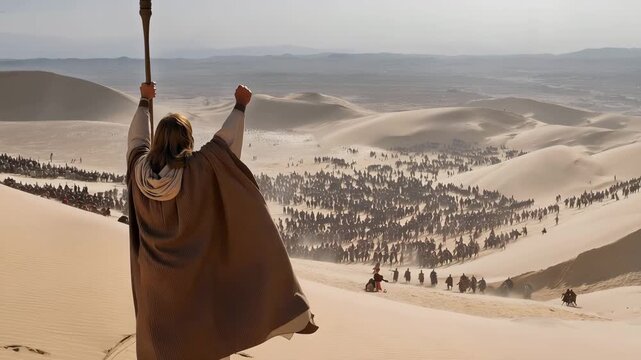 Bible Story of Moses Standing on a Hill Raising the Staff of God, to Win the Battle of Rephidim Between Israel and Amalek