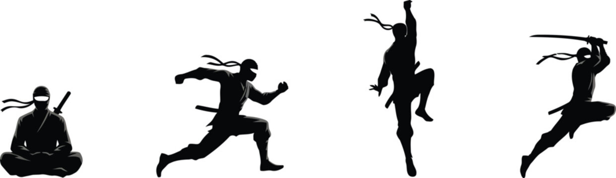 Black silhouette ninja martial arts warrior action sequence meditation running jumping sword combat training isolated white background vector illustration concept