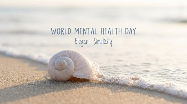 World Mental Health Day Sea shell on the sandy beach with soft waves and world mental health day text