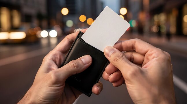 Person holding a slim leather wallet with a white card in urban city street.