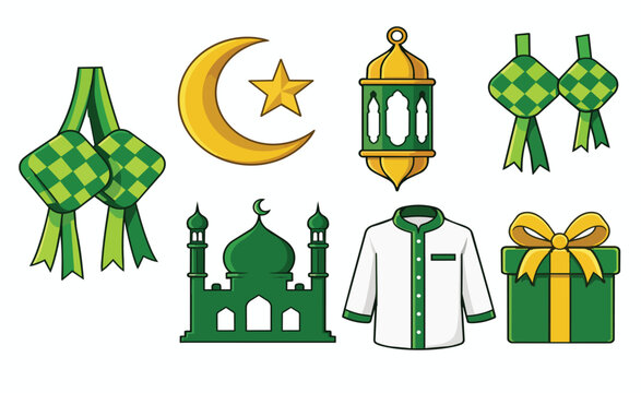 Indonesian Eid al-Fitr Lebaran Celebration Flat Design Icon Set featuring ketupat woven rice cake, crescent moon and star, traditional gold lantern, mosque silhouette, baju koko Muslim shirt