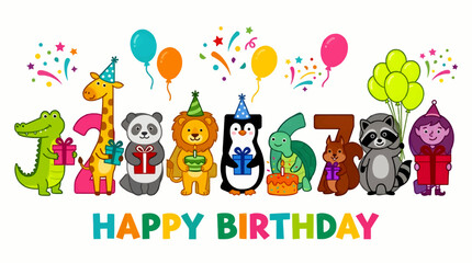 Fototapeta premium Cute Flat Style Animals and Numbers Celebrate Happy Birthday with Gifts and Balloons, Vector Illustration, Festive Party Scene with Confetti