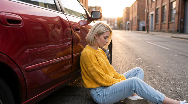 Worried young woman sitting on street next to dented red car. Female driver waiting for roadside assistance after auto accident. Car insurance and vehicle breakdown concept