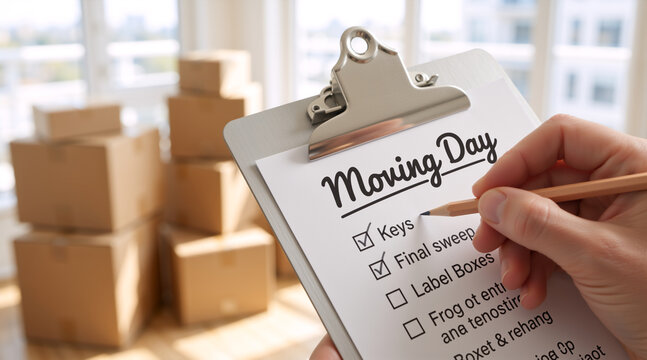 Hand holding a moving day checklist on a clipboard with cardboard boxes in the background. Relocation and home organization concept