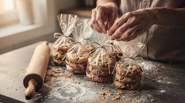 Person packing homemade cookies into clear bags on a rustic kitchen counter.
