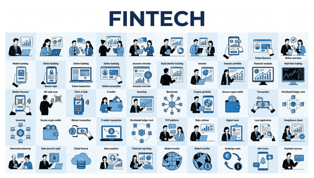 Comprehensive fintech and digital banking vector icon collection for financial services with business technology transaction investment security transfer commerce cryptocurrency exchange