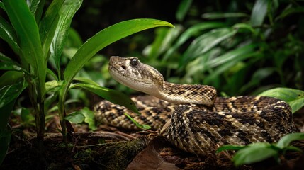 Obraz premium Beautiful Close-Up of a Brown Snake Coiled in Green Foliage