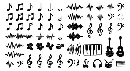 Musical Notes and Sound Waves Vector Elements with Instruments and Piano Keyboard on White Background © Abdul