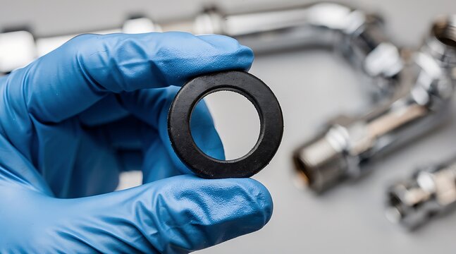 Plumber holding a new black rubber gasket for plumbing repairs.
