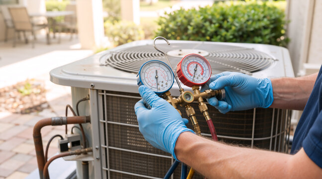 HVAC technician checking air conditioning unit with manifold gauge. Professional service and maintenance of outdoor AC condenser