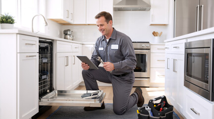 Fototapeta premium Professional technician with tablet and wrench repairing a dishwasher. Smiling repairman in grey uniform working in a modern white kitchen