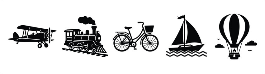 Vintage transportation icons arranged horizontally during daytime with clear copy space © Abdul
