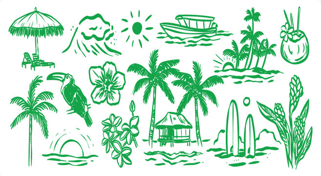 Tropical island elements in green vector illustration with palm trees surfboards and ocean waves
