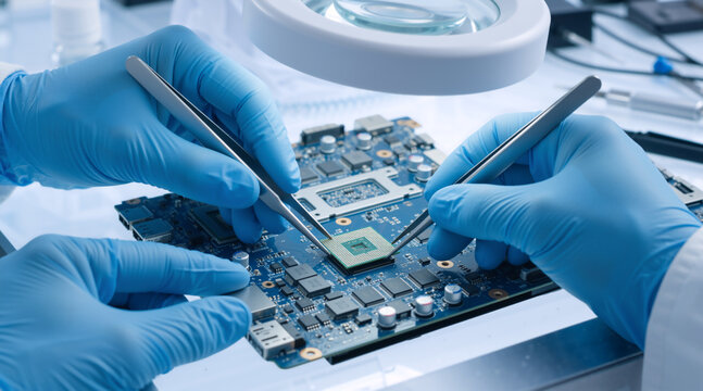 Technician hands in blue gloves installing a microchip on a motherboard with tweezers. Precision electronics repair and computer hardware manufacturing concept. Close up of cpu assembly