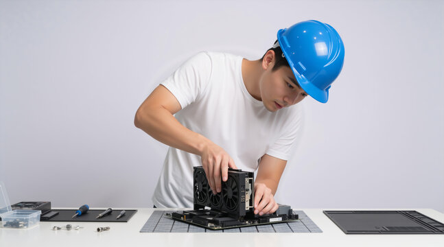 Male technician in blue hard hat assembling computer hardware. Young Asian IT specialist installing graphics card on motherboard. PC building and electronics repair concept