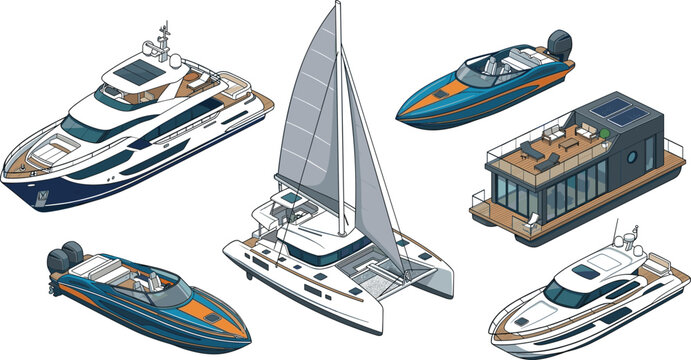 Modern luxury yacht catamaran sailboat speedboat and houseboat vector illustration set for maritime recreation leisure travel and marine transport marketing