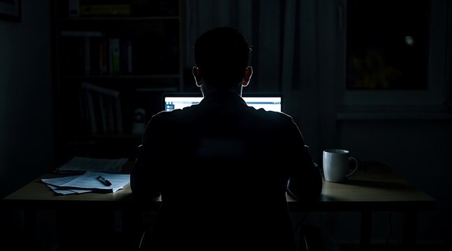 Silhouette of a man working late at night on a computer in a dark room.