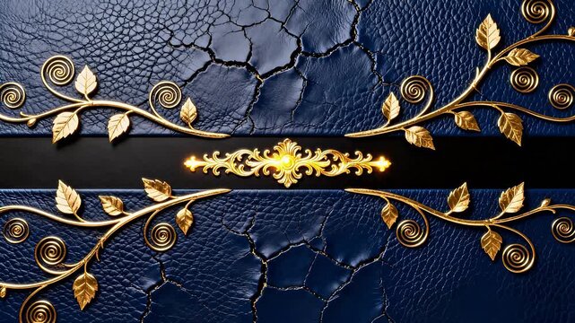 Golden ornate design on cracked blue leather