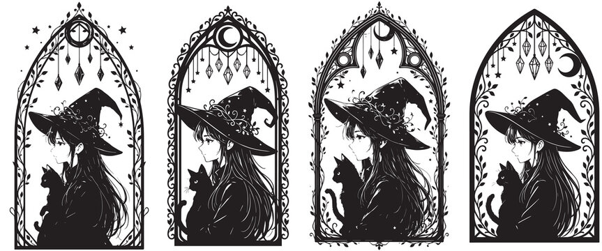 Anime witch girl profile silhouette collection with black cat, wizard hat and ornate gothic window arch frame for halloween design