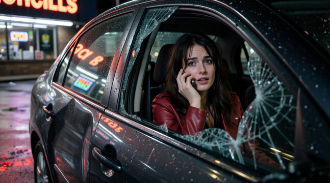 Worried woman calling for help inside car with shattered windows. Distressed female driver on phone after vehicle break-in or accident at night. Roadside emergency concept