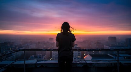 Fototapeta premium Silhouette of a woman standing on a rooftop watching the sunset over a city.