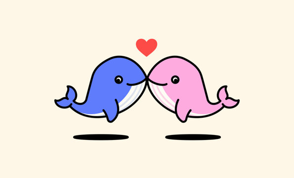 Blue and pink whale couple touching noses beneath a heart icon for love, romance, valentine, relationship, wedding, and greeting card design vector illustration cartoon for icon and sticker