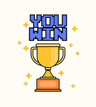 Winner trophy with bold pixel typography and sparkling decorations. Great for gaming, achievement, victory, success, award, celebration, and competition designs vector illustration