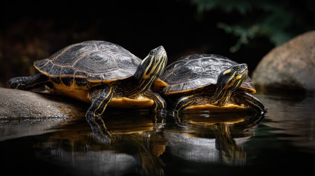 Two Painted Turtles Resting on Rocks Over Calm Water Surface