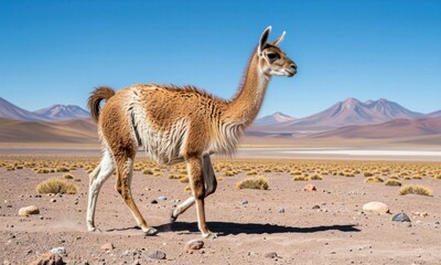 Fototapeta premium Wild Llama Walking in Arid Desert Landscape with Mountains Under Clear Blue Sky