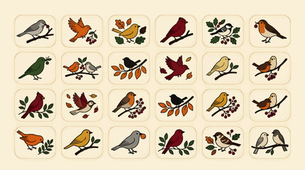 Flat Vector Icon Set of 18 Diverse Birds on Branches with Berries and Leaves, Featuring Various Species and Colors, Isolated on Cream Background © moh