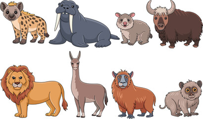 Wild animal vector icon collection, cute cartoon safari zoo fauna characters isolated on white background © Kaiyum
