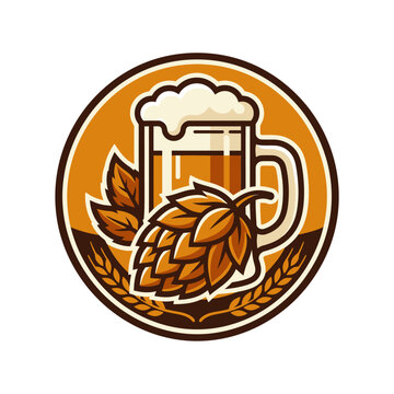 Beer mug with foam and hop cone logo.