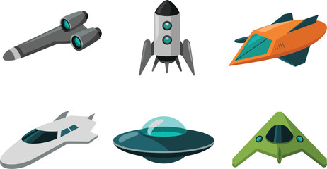 Spaceship vector icon illustration set, cartoon sci-fi rocket and alien flying saucer elements on white background © Kaiyum
