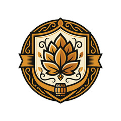 Obraz premium Vintage ornate hops shield emblem for craft beer