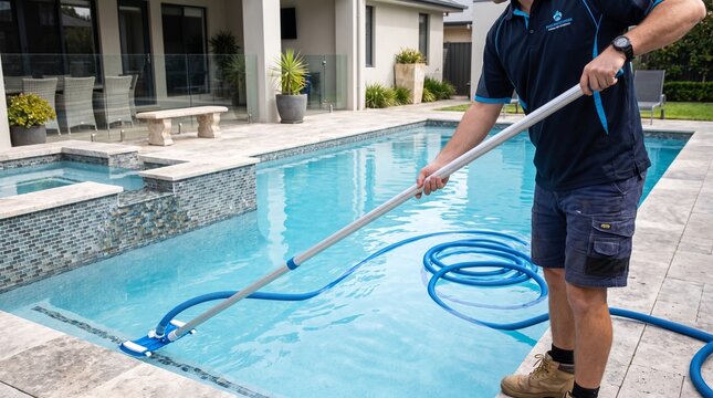 Professional Pool Maintenance Worker Cleaning Residential Swimming Pool