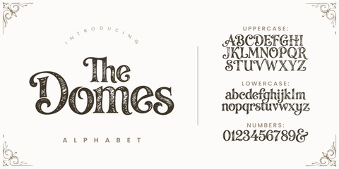 The Domes vintage display typeface with ornamental letters and numbers for creative branding design © happy