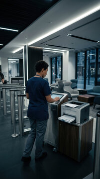 Modern Office Receptionist Using Tablet And Printer