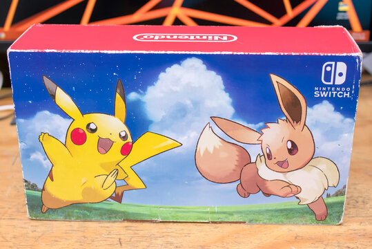 Zapopan Jalisco, Mexico - July 6, 2026: Rear view of a Nintendo Switch Pokemon Let's Go Pikachu and Eevee Edition retail box for