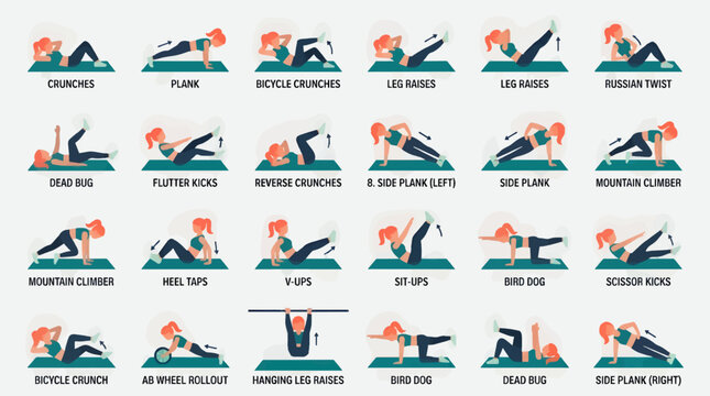 Flat Vector Illustration Set of 18 Core Strength Exercises for Women, Featuring Crunches, Planks, Leg Raises, and More, with Teal and Orange Accents on a Light Blue Background