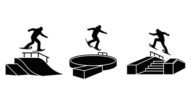 Skateboarders performing tricks on ramps and rails.