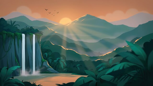 Beautiful mountain waterfall landscape at sunset with cel shaded style