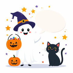 Fototapeta premium Cute ghost in witch hat with candy and black cat for Halloween vector illustration