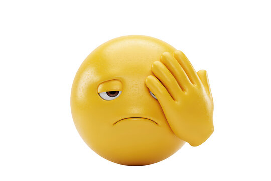 A yellow emoji face performing a facepalm gesture, looking tired, annoyed, or disappointed, isolated on a black background, 3d rendering
