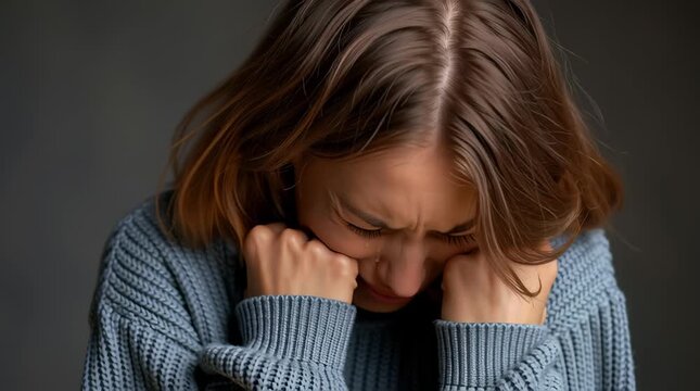 Sad depressed desperate grieving crying woman with folded hands and tears eyes during trouble, life difficulties, depression and mental emotional problems