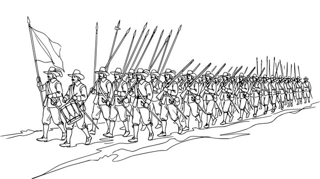 Historical Infantry Marching with Drum and Flag, Line Drawing Illustration